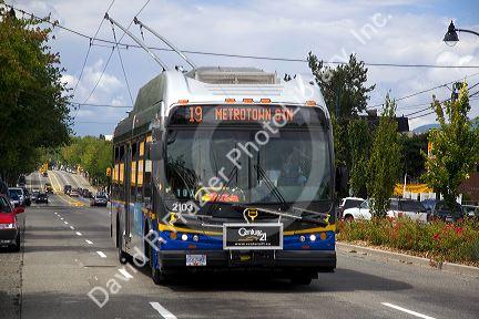 Electric trolleybus in Vancouver, British Columbia, Canada.