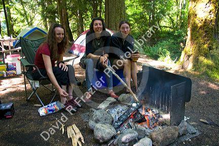 Camper roasting a marshmallow in a campfire in the North Cascades National Park, Washington.