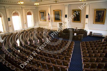 The New Hampshire House Chamber inside the State House at Concord, New Hampshire, USA.