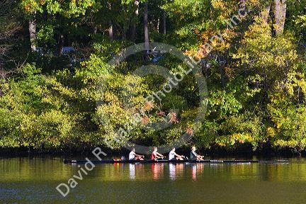 Rowing crew on the Connecticut River near the campus of Dartmouth College located in the town of Hanover, New Hampshire, USA.