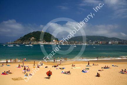Beach scene at La Concha Bay in the city of Donostia-San Sebastian, Guipuzcoa, Basque Country, Northern Spain.