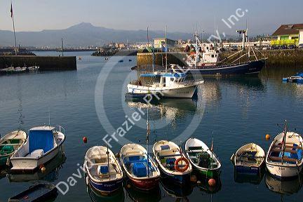 Boats in the Txingudi Bay at the town of Hondarribia, Guipuzcoa, Basque Country, Northern Spain.