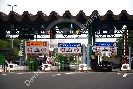 French peage or toll road near the city of Bayonne, Pyrenees Atlantiques, French Basque Country, Southwest France.