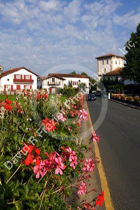 Street scene in the village of Ascain, Pyrenees-Atlantiques, French Basque Country, Southwest France.