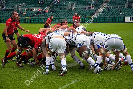Men play a game of rugby in the city of Bath, Somerset, England.