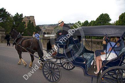 Horse drawn carriage taxi in the city of Bath, Somerset, England.