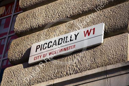 Piccadilly street sign in the city of London, England.