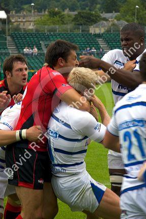 Men play a game of rugby in the city of Bath, Somerset, England.