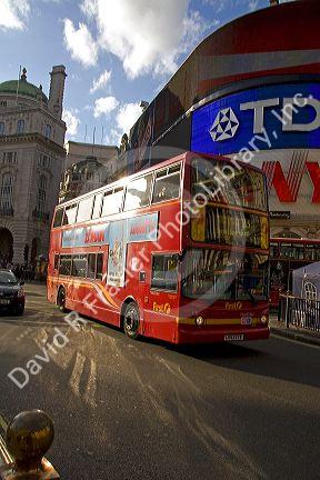 Double decker bus in the city of London, England.