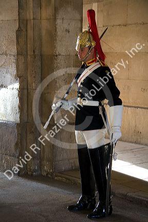 Trooper of the Household Cavalry of the British Army guarding the Horse Guards in London, England.