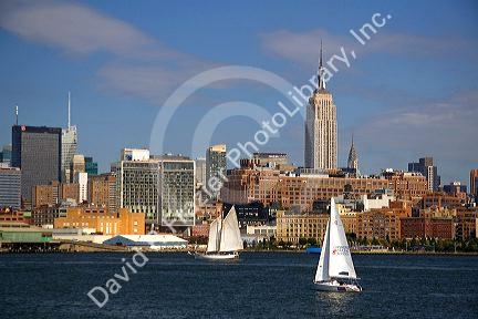 Sailboats on the Hudson River and New York City, New York, USA.