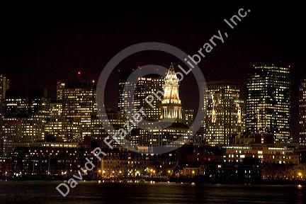 Boston skyline at night, Massachusetts, USA.