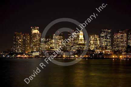 Boston skyline at night, Massachusetts, USA.