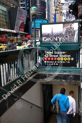 Entrance to the subway at Times Square in Manhattan, New York City, New York, USA.