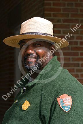 National Park Service Ranger in Battery Park, New York City, New York, USA.