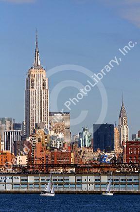Empire State Building at left and Chrysler Building at right in New York City, New York, USA.