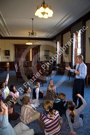 Governer John Lynch speaking to school children inside the New Hampshire State House at Concord, New Hampshire, USA.