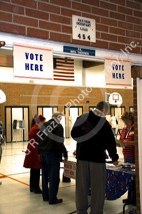 People registering to vote at a polling station in Boise, Idaho, USA.