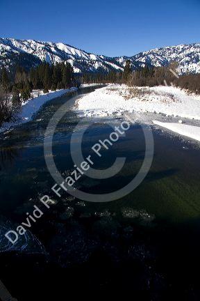 The Payette River south fork during winter in Boise County, Idaho, USA.