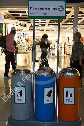 Recycling station at the London Heathrow airport in the United Kingdom.