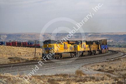 Union Pacific intermodal container train traveling through Elmore County, Idaho, USA.