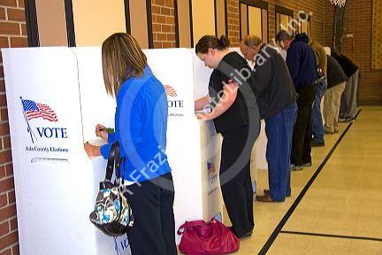 Voters using cardboard voting booths at a polling station in Boise, Idaho, USA.