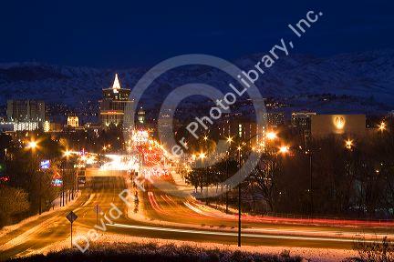 Traffic in motion at night in Boise, Idaho, USA.