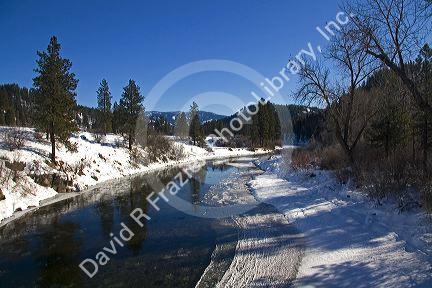 The Payette River south fork during winter in Boise County, Idaho, USA.