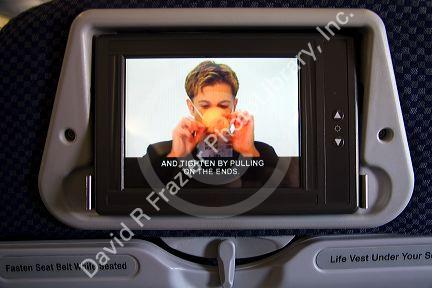 Seatback video safety instructions on an Airbus A-330 airliner.