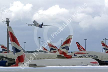 Airliners at London Heathrow Airport, England, United Kingdom.