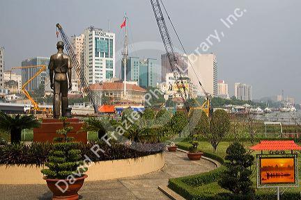 Activity on the Saigon River and cityscape of Ho Chi Minh City, Vietnam.