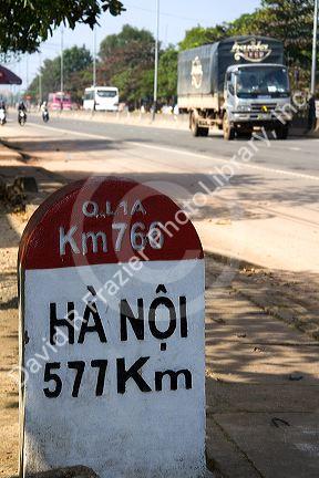 Milepost in Kilometers showing the distance from Quang Tri to Hanoi on the National Highway 1, Vietnam.