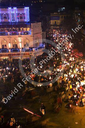 Crowds of people celebrate during Tet festivities in the historical center of Hanoi, Vietnam.