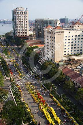 View of Hguyen Hue with flower displays in celebration of Tet Lunar New Year in Ho Chi Minh City, Vietnam.