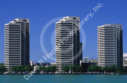 Detroit skyline with the Detroit river in the foreground, Michigan.