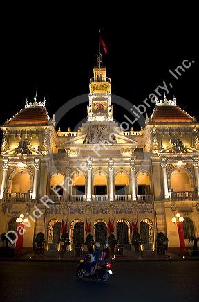 Ho Chi Minh City Hall at night with lights, Vietnam.