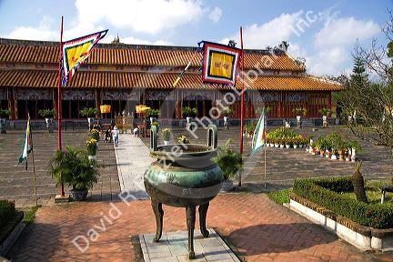 Large urn in front of the Imperial Temple within the Imperial Citadel of Hue, Vietnam.
