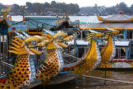 Dragon boats on the Perfume River at Hue, Vietnam.