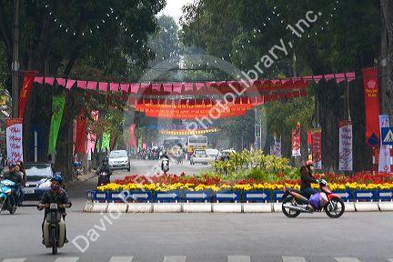Decorations for Tet on Dien Bien Phu street in Hanoi, Vietnam.