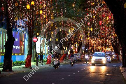 Decorative lights hang from trees on Dong Khoi street in celebration of Tet Lunar New Year in Ho Chi Minh City, Vietnam.