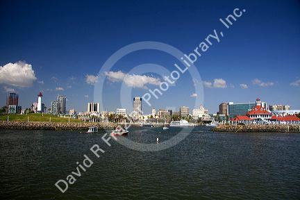 Boats in Rainbow Harbor at Long Beach, California, USA.