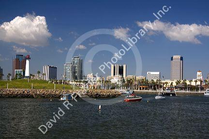 Boats in Rainbow Harbor at Long Beach, California, USA.