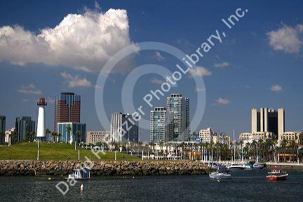 Boats in Rainbow Harbor at Long Beach, California, USA.