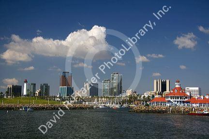 Boats in Rainbow Harbor at Long Beach, California, USA.