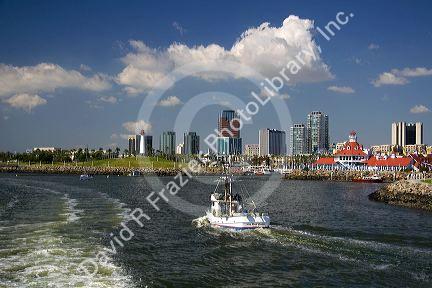 Boats in Rainbow Harbor at Long Beach, California, USA.