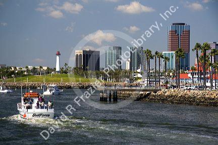 Boats in Rainbow Harbor at Long Beach, California, USA.