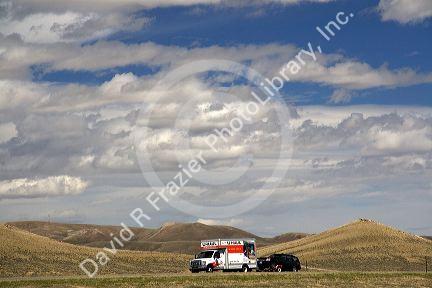 U-Haul truck traveling on Interstate 80 in Carbon County, Wyoming, USA.