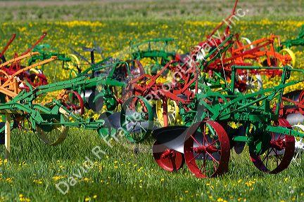 Colorfully painted antique plows on display at a farm near Corunna, Michigan, USA.