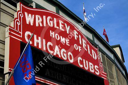 Famous marquee sign of Wrigley Field in Chicago, Illinois, USA.