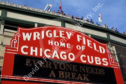 Famous marquee sign of Wrigley Field in Chicago, Illinois, USA.
